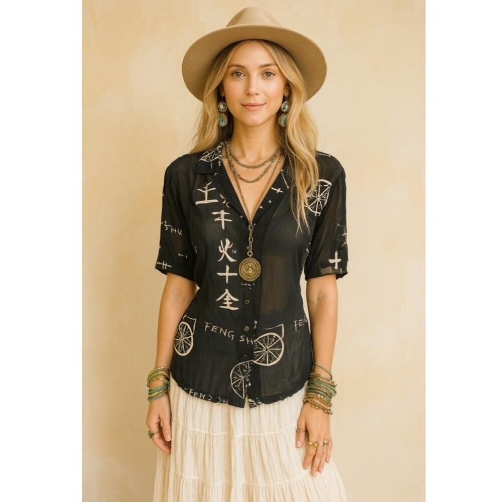 David Dart Vintage Blouse Black Sheer Fung Shei‎ Text Short Sleeve Large